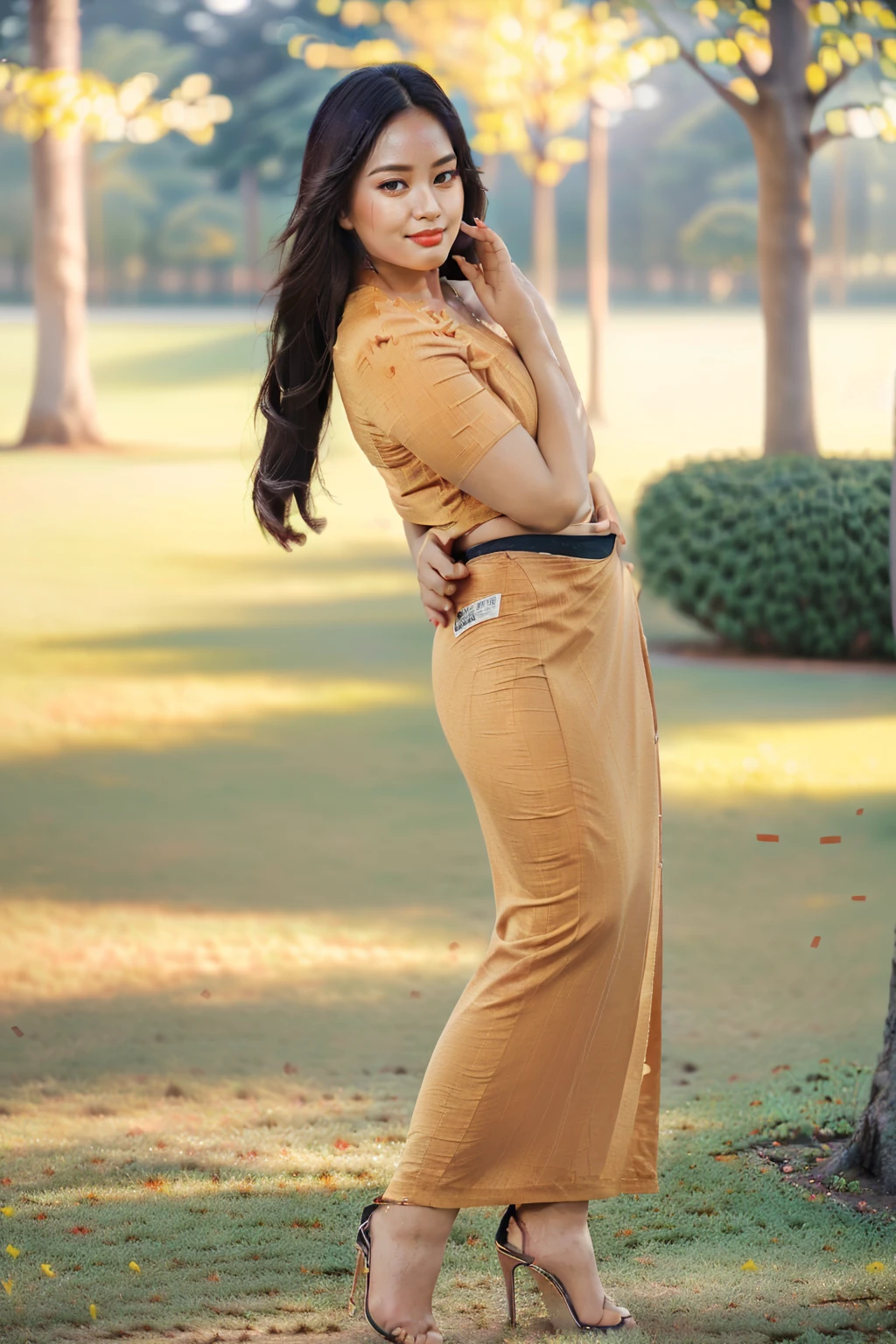 arafed asian woman in a satin dress, (((full body view:2))), ((pretty lady MoonLay:1.2)), (pretty lady MoonLay), ((((pretty lady MoonLay's innocent cute face and cute small smile:1.3)))), ((random stylish seductive pose for photography:1.7)), ((wearing Myanmar traditional elegant and stylish affair:1.4)), (((super fullest wide hip:1.5))), (((super curvy buttock:1.5))), ((red satin skirt:1.6)), ((blue sandal high heel:1.3)), south east asian with square face, traditional beauty, beautiful asian girl, anime thai girl, a young beautiful asian woman, (((photorealistic background))), ((in a beautiful park with vibrant colorful trees background:1.5)), ((cinematic bokeh background blur:1.7)), (((photorealistic cloudy evening sky with golden sunlight15))), (cinematic enhance HDR portrait glow lighting))), perfect anatomy, cannon mark v, DSLR quality, (perfect anatomy), (perfect toes), (perfect hands), (random realistic stylish seductive pose), (perfect shin and calf),