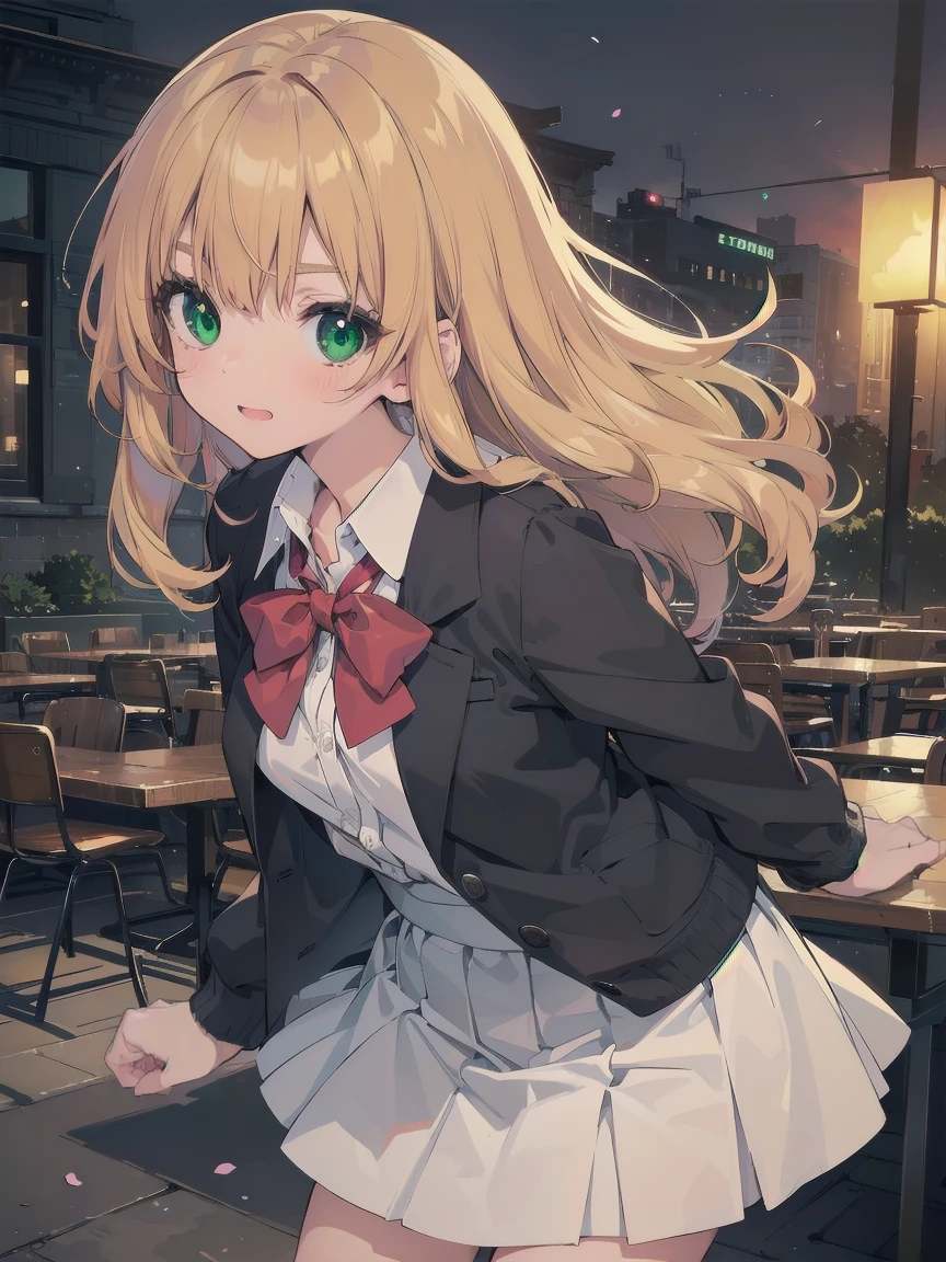 ((Tabletop, Highest quality, High resolution, Hmph, Pixel perfect, Depth of written boundary, 4K, Hmph, Hmph))), One Girl, single, alone, Beautiful Anime Girls, Beautiful art style, Anime characters, ((Long Hair, bangs, Dark brown hair, Curly Hair:0.8)), ((Green Eyes:1.4, Fine grain, Beautiful Eyes, Perfect Eyes,Curled eyelashes, Realistic eyes)), ((Detailed face, Blushing:1.2)), ((Smooth texture:0.75, Realistic texture:0.5, Anime CG Style)), Medium chest, Dynamic Angle, Big Breasts, Perfect body, Dynamic pose, ((Red bow tie, , Black jacket, Open jacket, Brown cardigan, White shirt, Black Skirt, Checked skirt)), smile, Open your mouth, Put your arms behind your back, Leaning forward, Amalment Park, ((close, throw, cute, Shoot in the face))