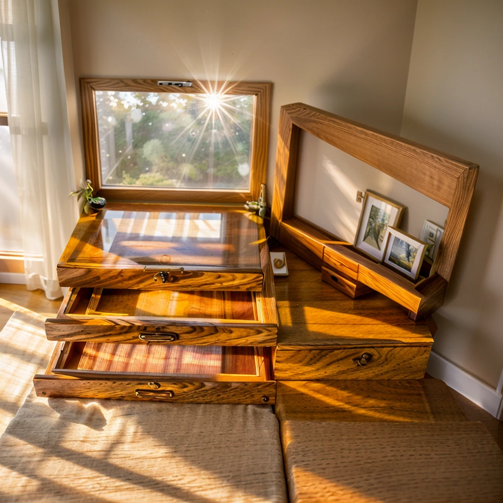 In this cozy room，A ray of sunlight shone through the half-drawn curtains on the table，Let the wood grain on the watch storage box shine with a faint luster。There was a calm and peaceful atmosphere in the air around them。There are several still lifes hanging on the walls of the room，It adds a touch of elegance to the space。And on the other side of the room，The half-open window lets in the breeze，The pages on the small desk by the window turned in the wind，This quiet scene gives a sense of tranquility and comfort。

