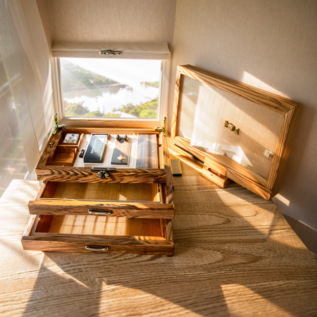 In this cozy room，A ray of sunlight shone through the half-drawn curtains on the table，Let the wood grain on the watch storage box shine with a faint luster。There was a calm and peaceful atmosphere in the air around them。There are several still lifes hanging on the walls of the room，It adds a touch of elegance to the space。And on the other side of the room，The half-open window lets in the breeze，The pages on the small desk by the window turned in the wind，This quiet scene gives a sense of tranquility and comfort。

