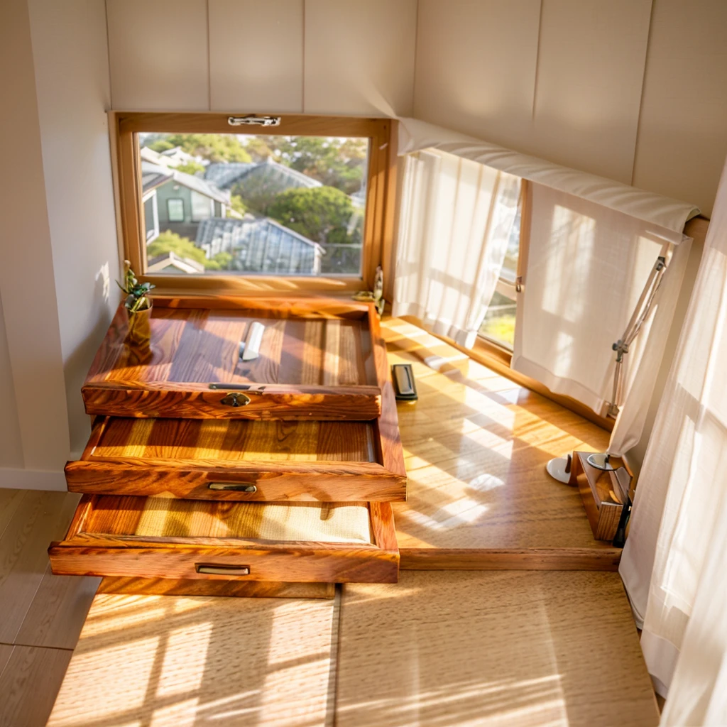 In this cozy room，A ray of sunlight shone through the half-drawn curtains on the table，Let the wood grain on the watch storage box shine with a faint luster。There was a calm and peaceful atmosphere in the air around them。There are several still lifes hanging on the walls of the room，It adds a touch of elegance to the space。And on the other side of the room，The half-open window lets in the breeze，The pages on the small desk by the window turned in the wind，This quiet scene gives a sense of tranquility and comfort。

