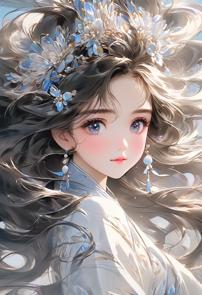 Chinese Girl, Sweet and charming girl, big eyes, illustration, Long hair, Weaving, Fluffy hair, front, Film Angle, Reflective hair, 水汪汪的big eyes, Watching you, Facial details, facial Key Points, masterpiece, 最OK质量, Extremely refined, Dynamic Angle, Intricate details, Beautiful and delicate eyes, Delicate face, Exquisite facial features, gentle lips, real, charming, Key Points, Clear lines, 8k high resolution, OK, Smile, Wearing a white dress, Stylish and beautiful, Depth of Field