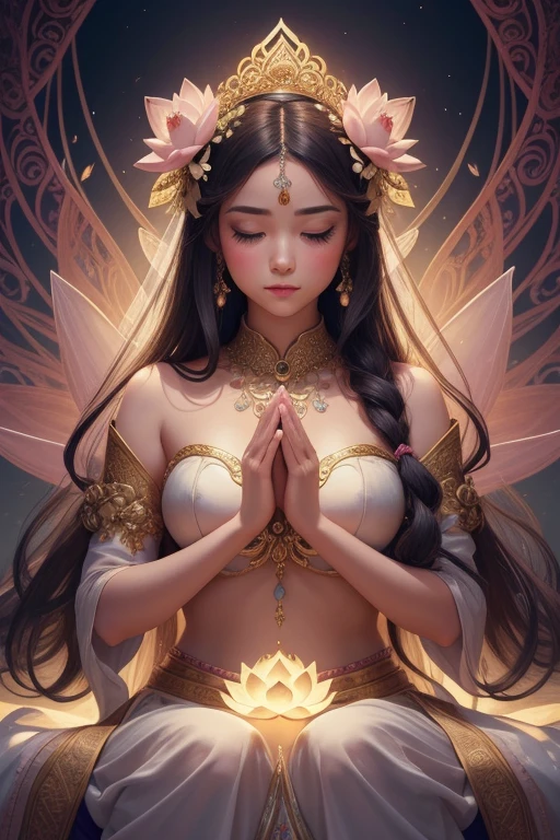 An enchanted image of a girl from a fairy tale. Each arm was decorated with a delicate lotus flower. Her special arms were stretched out in a welcoming pose. Gives a feeling of peace and blessing. This picture looks cute and adorable. A beautiful lotus flower floated behind her. Enhance sacred beauty The illustrations feature vibrant, high-contrast colors and meticulous details and hyper-realistic features.

Style: Realistic, Hyperrealistic, Digital Art, Illustration, Concept Art, 8k.