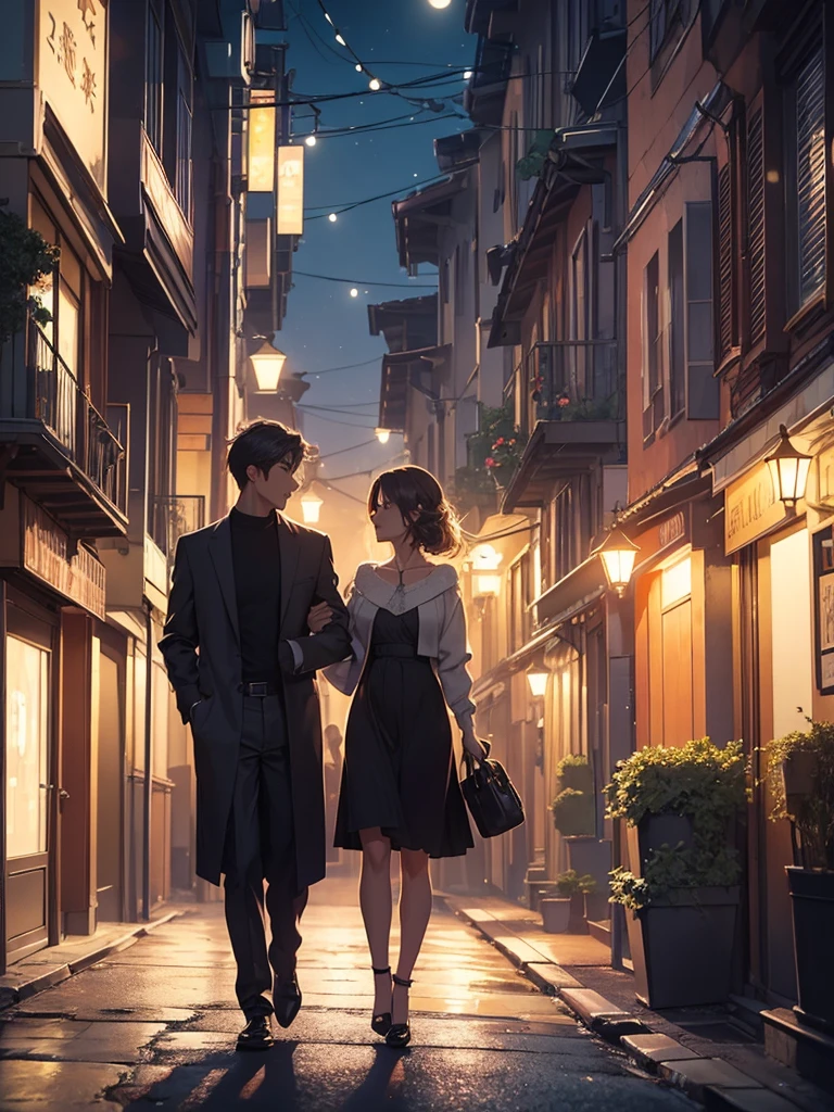 (​masterpiece、top-quality、hight resolution), A nighttime scene on a quiet street where the protagonist is saying goodbye to a gentle and elegant married woman they met through a dating site. The woman, with a soft and slightly melancholic smile, waves and says, "Let's meet again, okay?" The streetlights cast a warm glow, highlighting the intimacy of the moment as they part ways.
