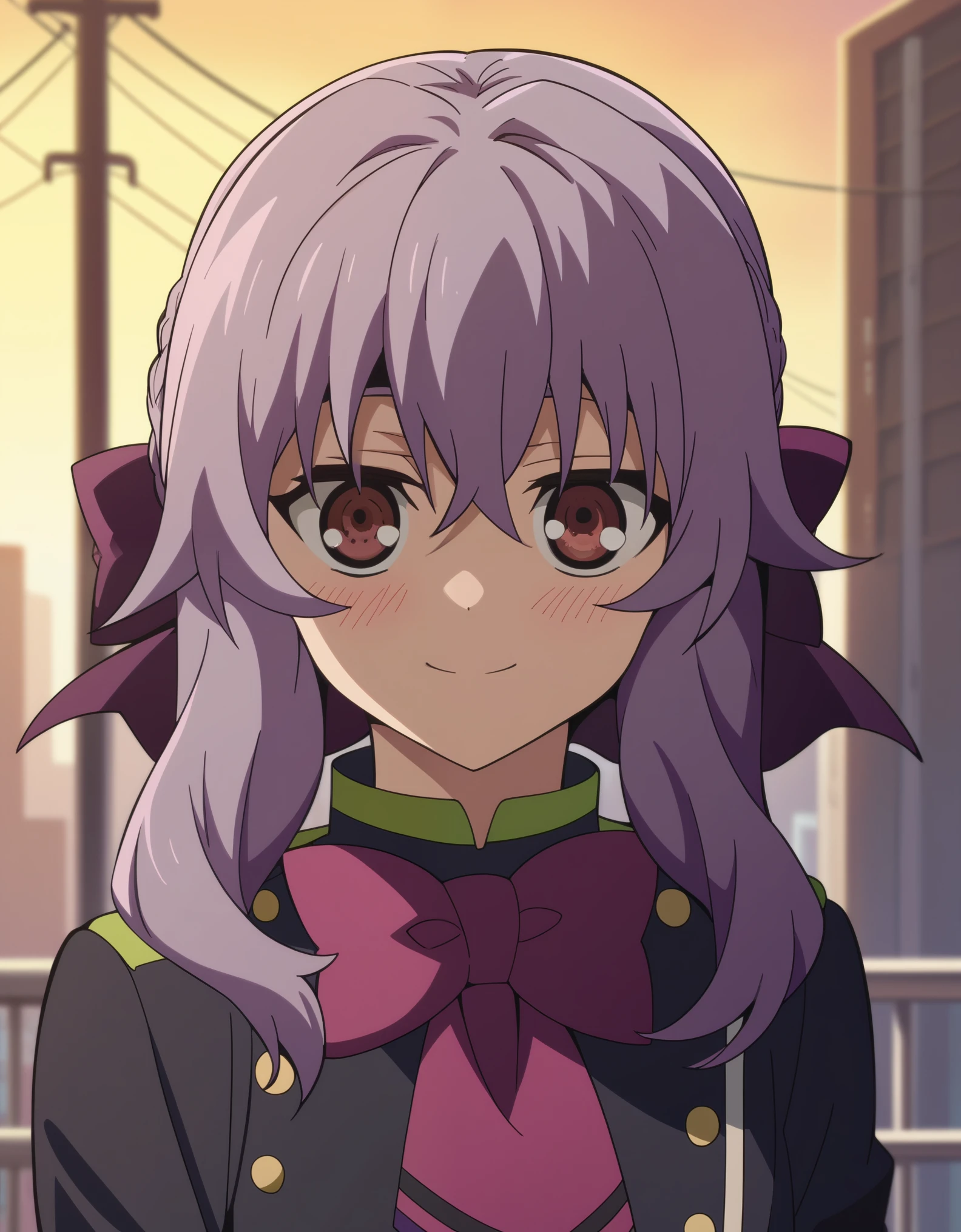 score_9, score_8_up, score_7_up, source_anime,Shinoa Hiiragi,upper body, looking at viewer, smile, blush, overgrown city, 