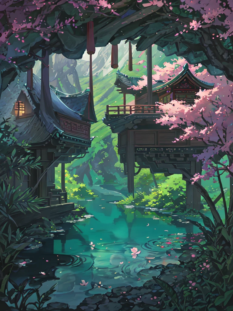 Nighttime, china ancient, spring, jungle, lake, cave, waterfall, tree, grassland, rock, deer, hot spring, vapor, (illustration: 1.0), Narrative composition, realistic lighting, HD detail, masterpiece, best quality, (Highly detailed CG integrated 8k wallpaper)