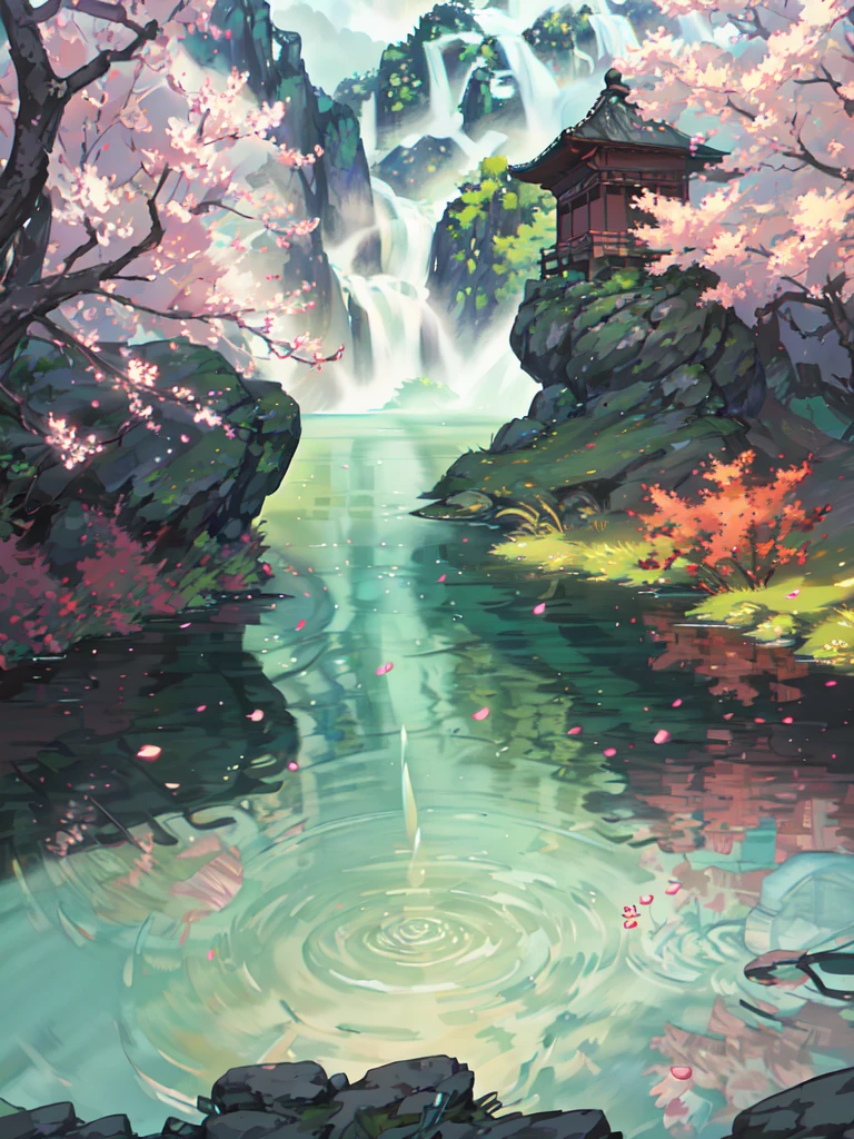 Nighttime, china ancient, spring, jungle, lake, cave, waterfall, tree, grassland, rock, deer, hot spring, vapor, (illustration: 1.0), Narrative composition, realistic lighting, HD detail, masterpiece, best quality, (Highly detailed CG integrated 8k wallpaper)