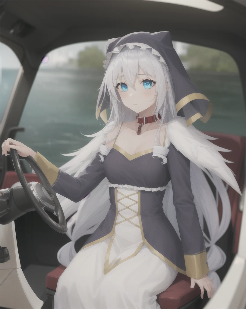 1 girl,Alone,Blue eyes,by white,hair between the eyes, very long hair,He drowned, clavicle,  steering wheels, only,long sleeves,dress, Wearing a dog collar 