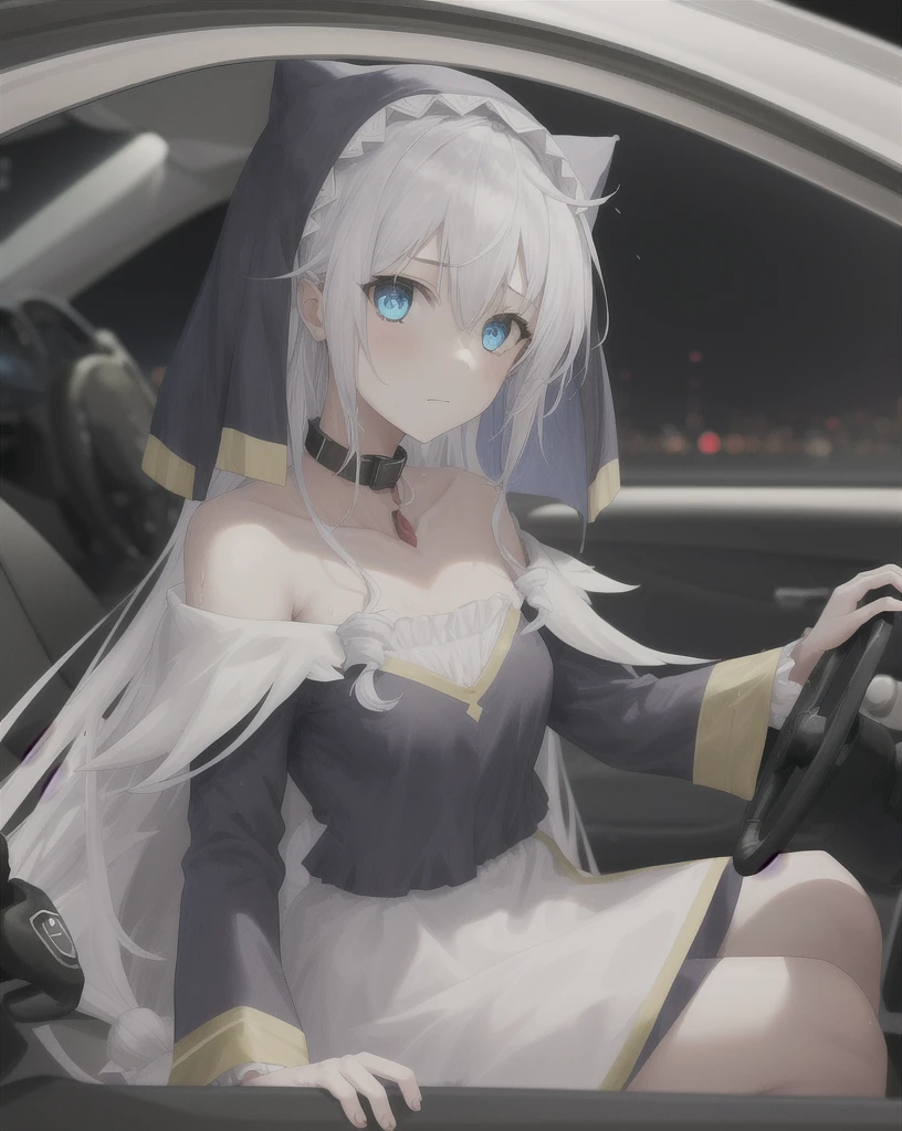 1 girl,Alone,Blue eyes,by white,hair between the eyes, very long hair,He drowned, clavicle,  steering wheels, only,long sleeves,dress, Wearing a dog collar 