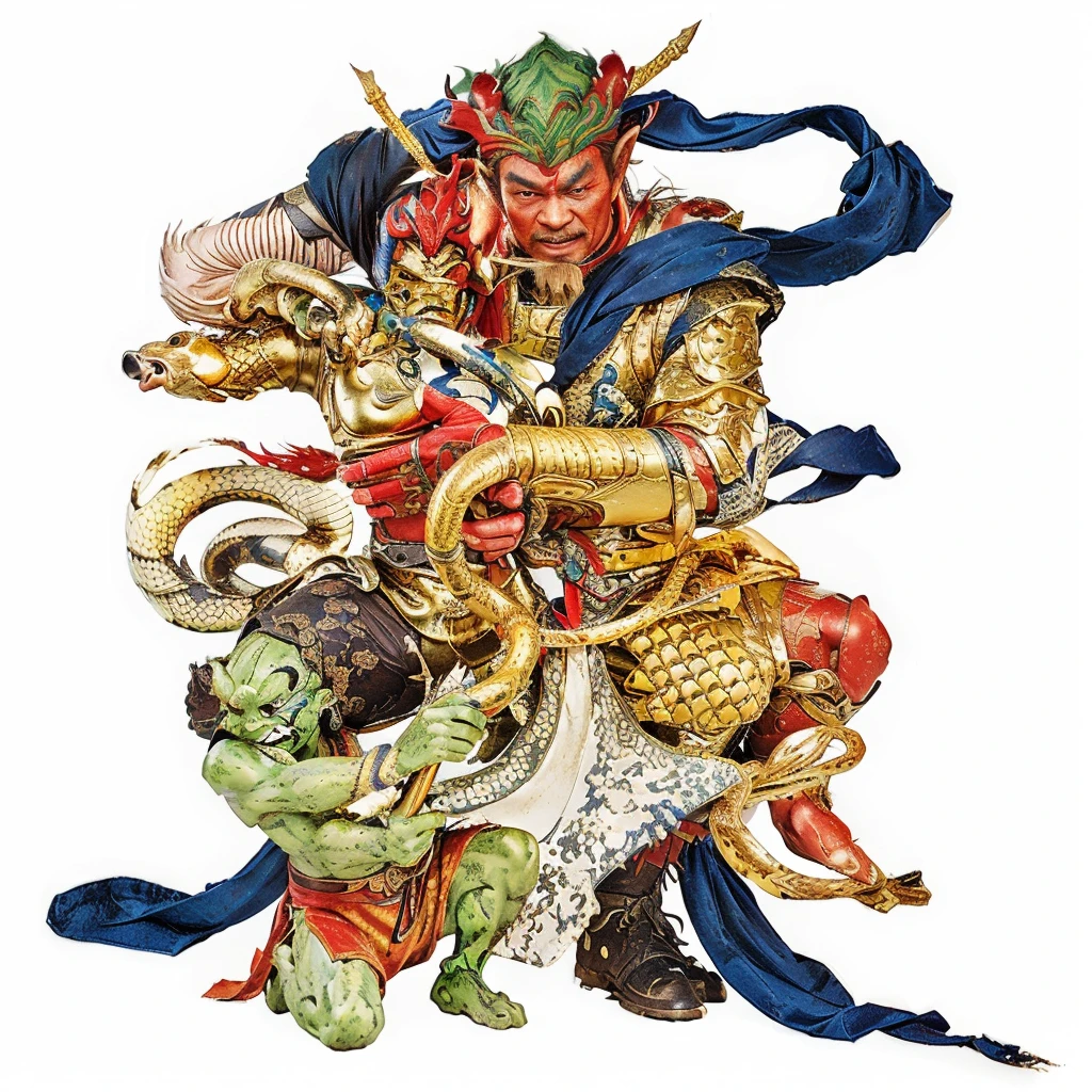 a chinese warrior holding a yellow snake, 1 green goblin holding warrior's leg, red goblin behind, blue deity ribbon, 