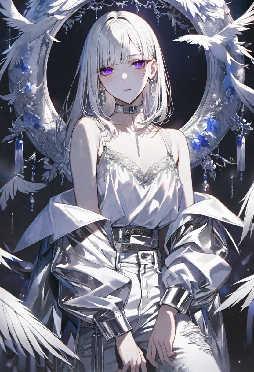 solo, handsome,
1. male,
Hime cut,Straight Hair,Bob Hair,
White hair,
Nakano Yotsuba,
purple Eyes,Soft look,beautiful,beautiful,Sexy,Darkness,Lots of silver earrings,choker,
White Off Shoulder,White Distressed jeans,Bra,
White skin,鳥,羽,
black background,