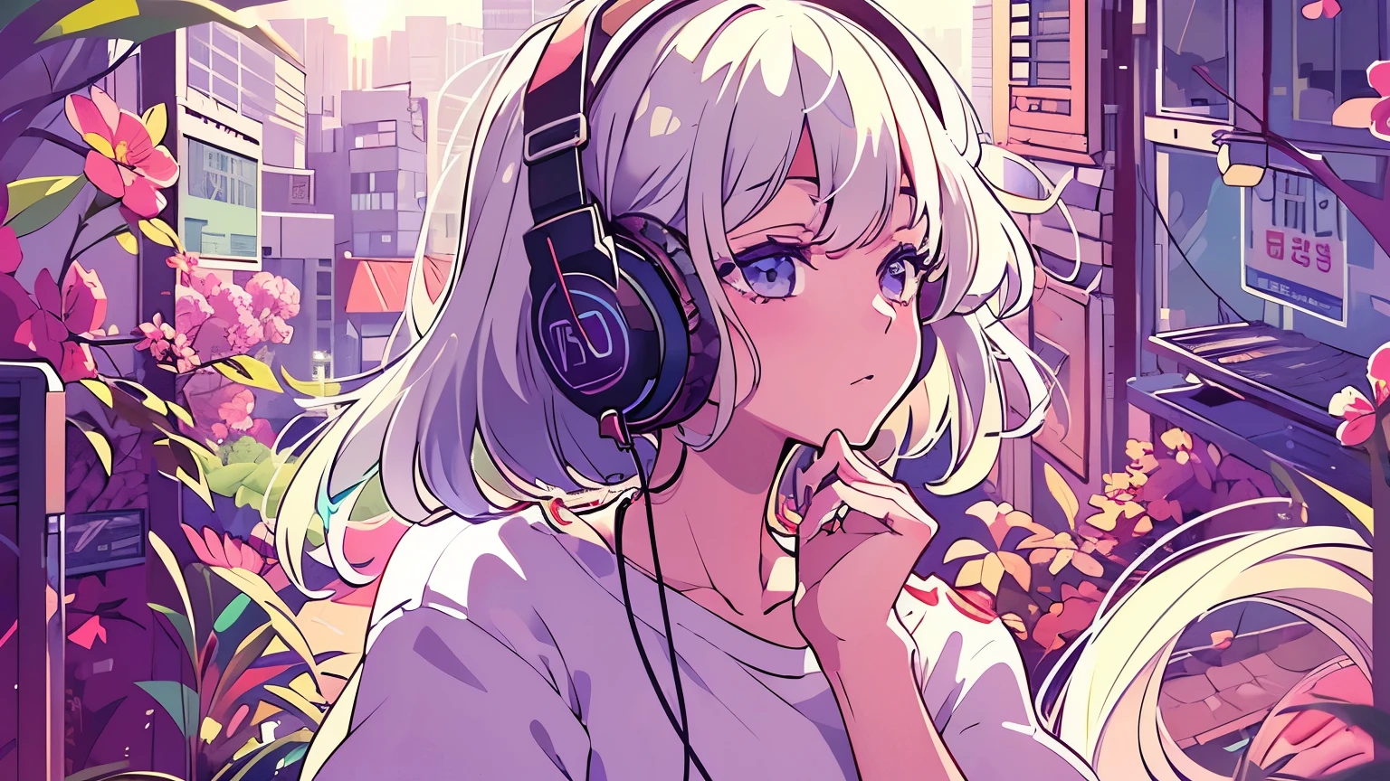A detailed anime for girls, Wearing a white tshirt, Wear headband headphones, lofi, tranquil, Quiet atmosphere, Chilling, Looking at the sky, Sunlight, Quiet morning, Masterpiece, Best quality