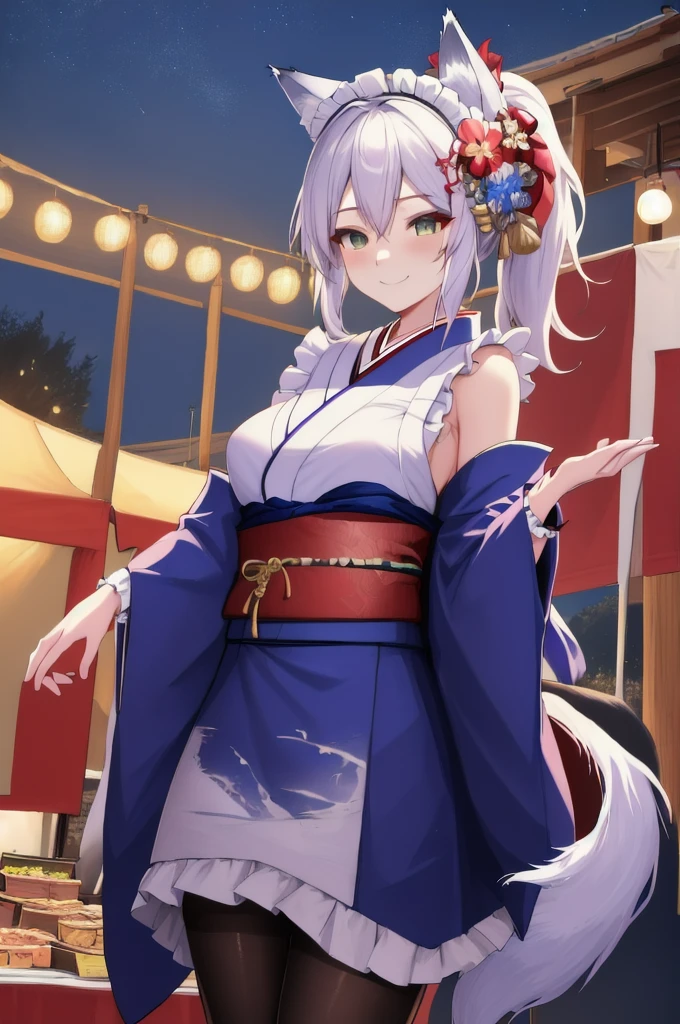 masterpiece, best quality, absurdres, perfect anatomy, mionewyears, ponytail, hair ornament, red kimono, flower print, white apron, frills, wrist cuffs, maid headdress, black pantyhose, wolf tail, outdoors, food stalls, festival, night, fireworks, closed eyes, smile, blush, arms behind back,