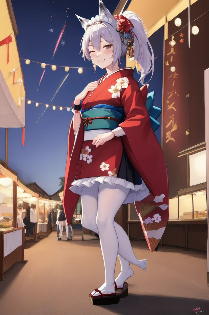 masterpiece, best quality, absurdres, perfect anatomy, mionewyears, ponytail, hair ornament, red kimono, flower print, white apron, frills, wrist cuffs, maid headdress, black pantyhose, wolf tail, outdoors, food stalls, festival, night, fireworks, closed eyes, smile, blush, arms behind back, 