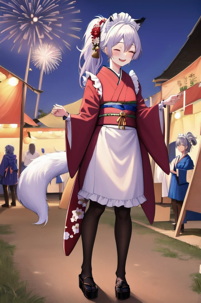 masterpiece, best quality, absurdres, perfect anatomy, mionewyears, ponytail, hair ornament, red kimono, flower print, white apron, frills, wrist cuffs, maid headdress, black pantyhose, wolf tail, outdoors, food stalls, festival, night, fireworks, closed eyes, smile, blush, arms behind back, 