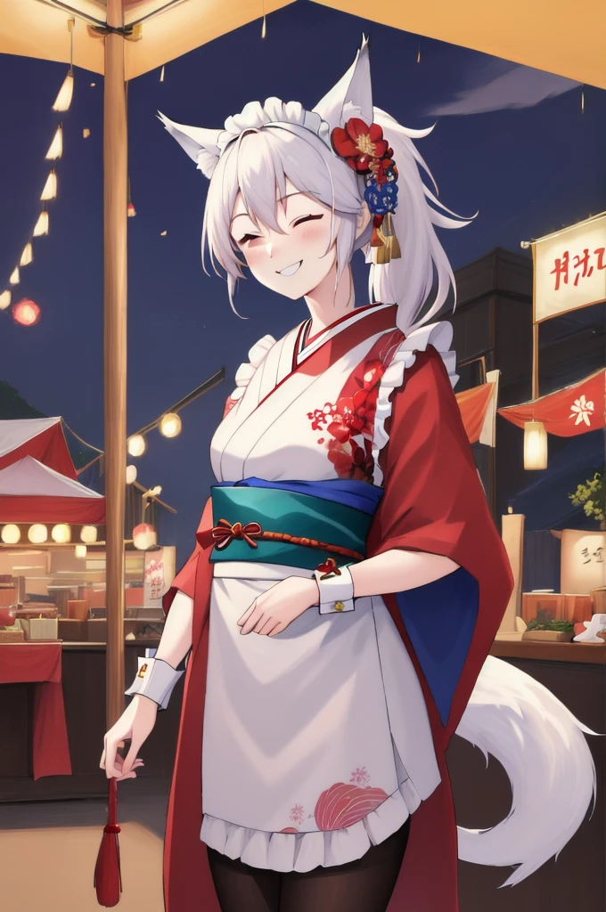 masterpiece, best quality, absurdres, perfect anatomy, mionewyears, ponytail, hair ornament, red kimono, flower print, white apron, frills, wrist cuffs, maid headdress, black pantyhose, wolf tail, outdoors, food stalls, festival, night, fireworks, closed eyes, smile, blush, arms behind back,