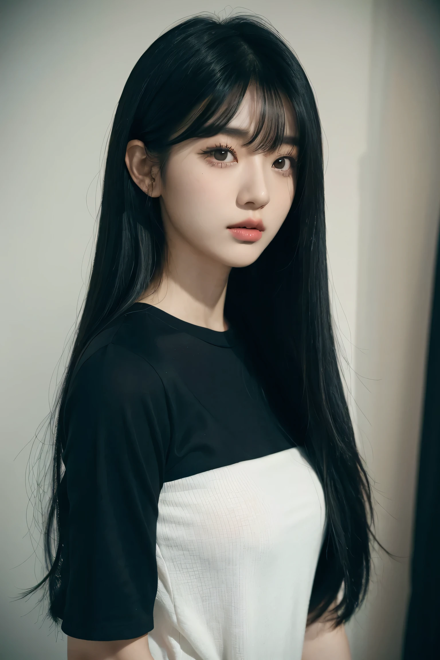 A man in a black shirt、Close-up of lady with long black hair, Ulzan, Korean Girl, She has black hair,With bangs, 2 4-year-old female model, Young and beautiful Korean woman, Weight loss photos, Beautiful Korean woman, Jisoo from Blackpink, cruel korean goth girl, Long hair, black hime cut hair, Instagram Models