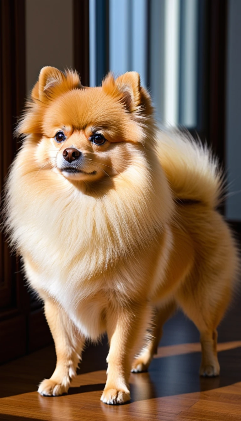 There is no one, realistic photo, photo realism, realism, Pomeranian (Pomeranian), perfect composition, intricate details, Very sharp, masterpiece, profile, high resolution, looking at the viewer, Full body photo in a comfortable atmosphere indoors