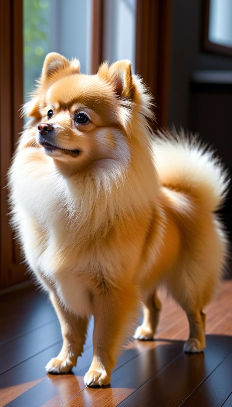 There is no one, realistic photo, photo realism, realism, Pomeranian (Pomeranian), perfect composition, intricate details, Very sharp, masterpiece, profile, high resolution, looking at the viewer, Full body photo in a comfortable atmosphere indoors