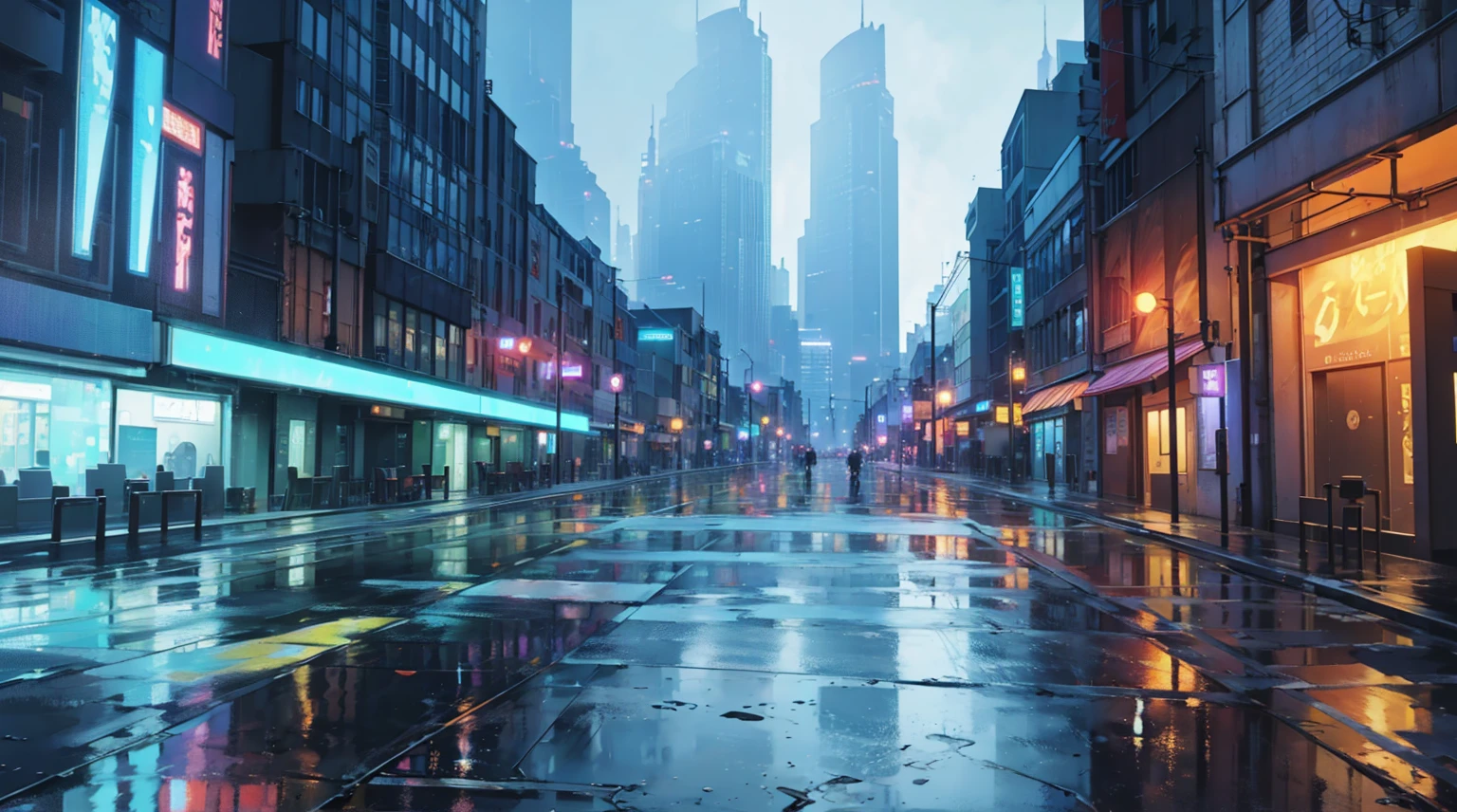 cityscape background. Lots of LED lights, Illuminating the night, Reflection of buildings in puddles on the ground. Movie, 8K, Rich in details
