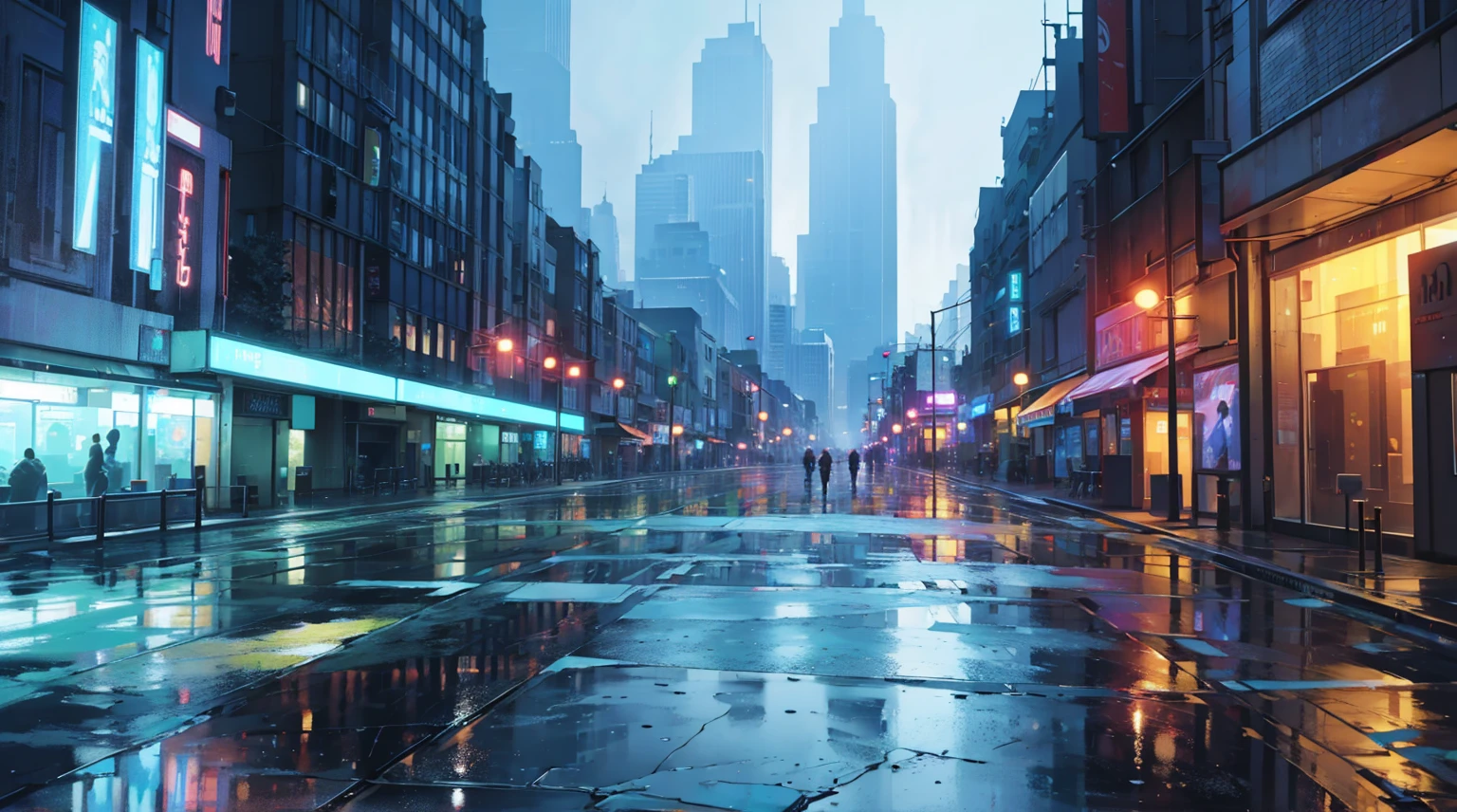 cityscape background. Lots of LED lights, Illuminating the night, Reflection of buildings in puddles on the ground. Movie, 8K, Rich in details