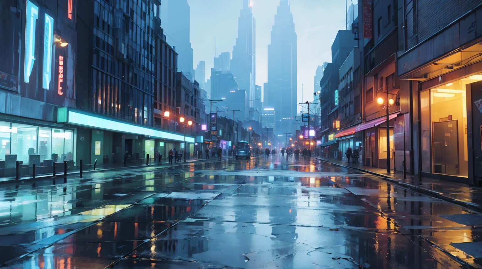 cityscape background. Lots of LED lights, Illuminating the night, Reflection of buildings in puddles on the ground. Movie, 8K, Rich in details