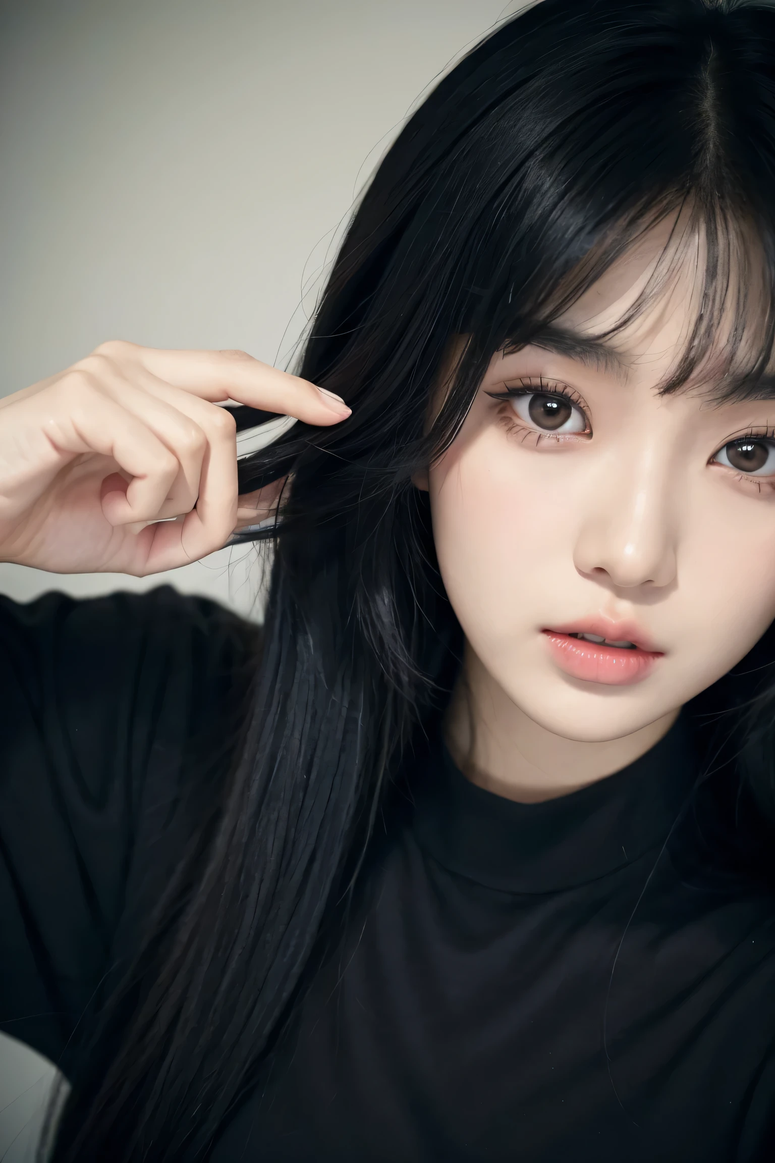 A man in a black shirt、Close-up of lady with long black hair, Ulzan, Korean Girl, She has black hair,With bangs, 2 4-year-old female model, Young and beautiful Korean woman, Weight loss photos, Beautiful Korean woman, Jisoo from Blackpink, cruel korean goth girl, Long hair, black hime cut hair, Instagram Models