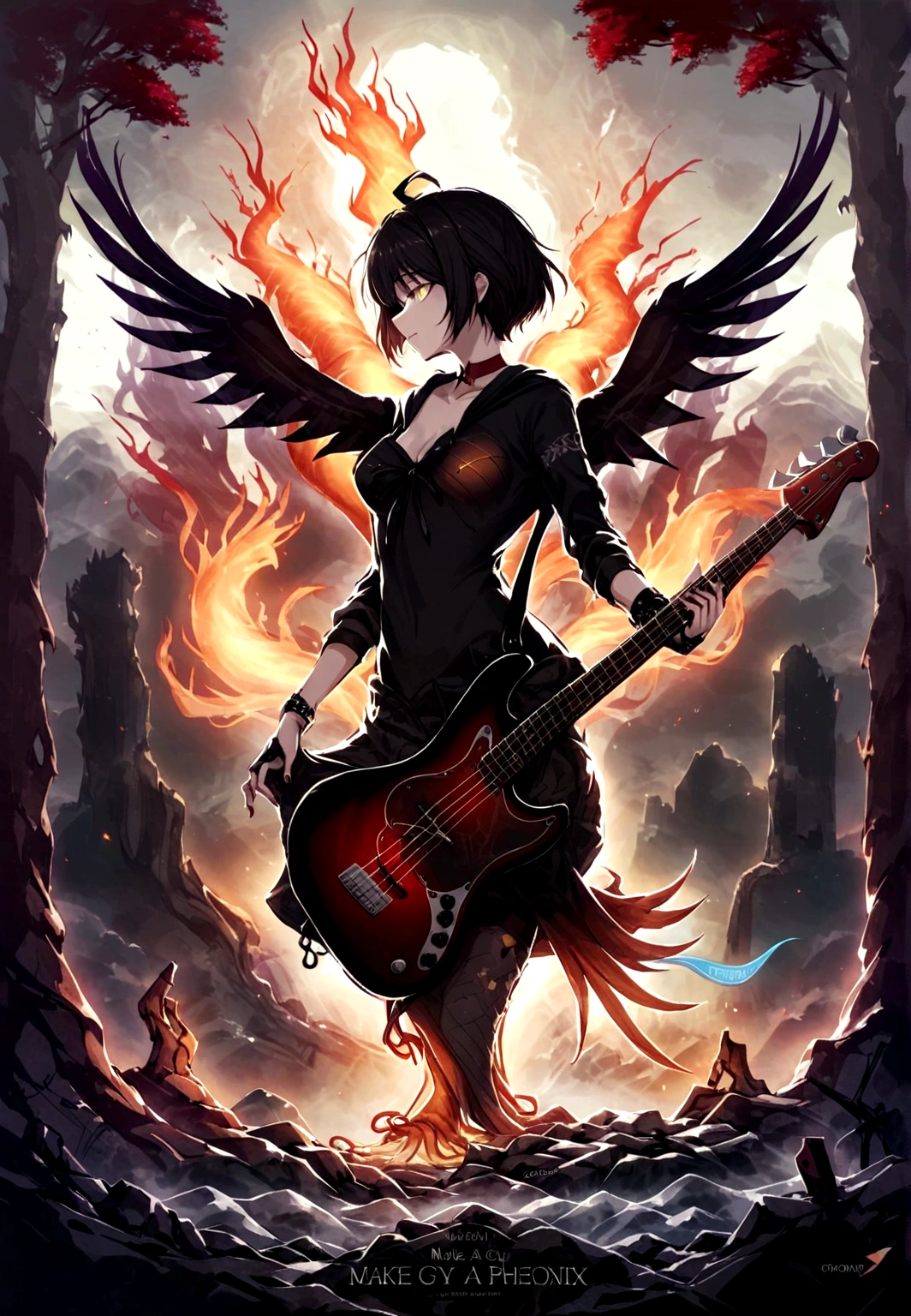 Make a cover of a song, make this a guy with a guitar, make a girl with a bass, in the background make a landscape where it is a concert, where you can see that the Phoenix gives them energy