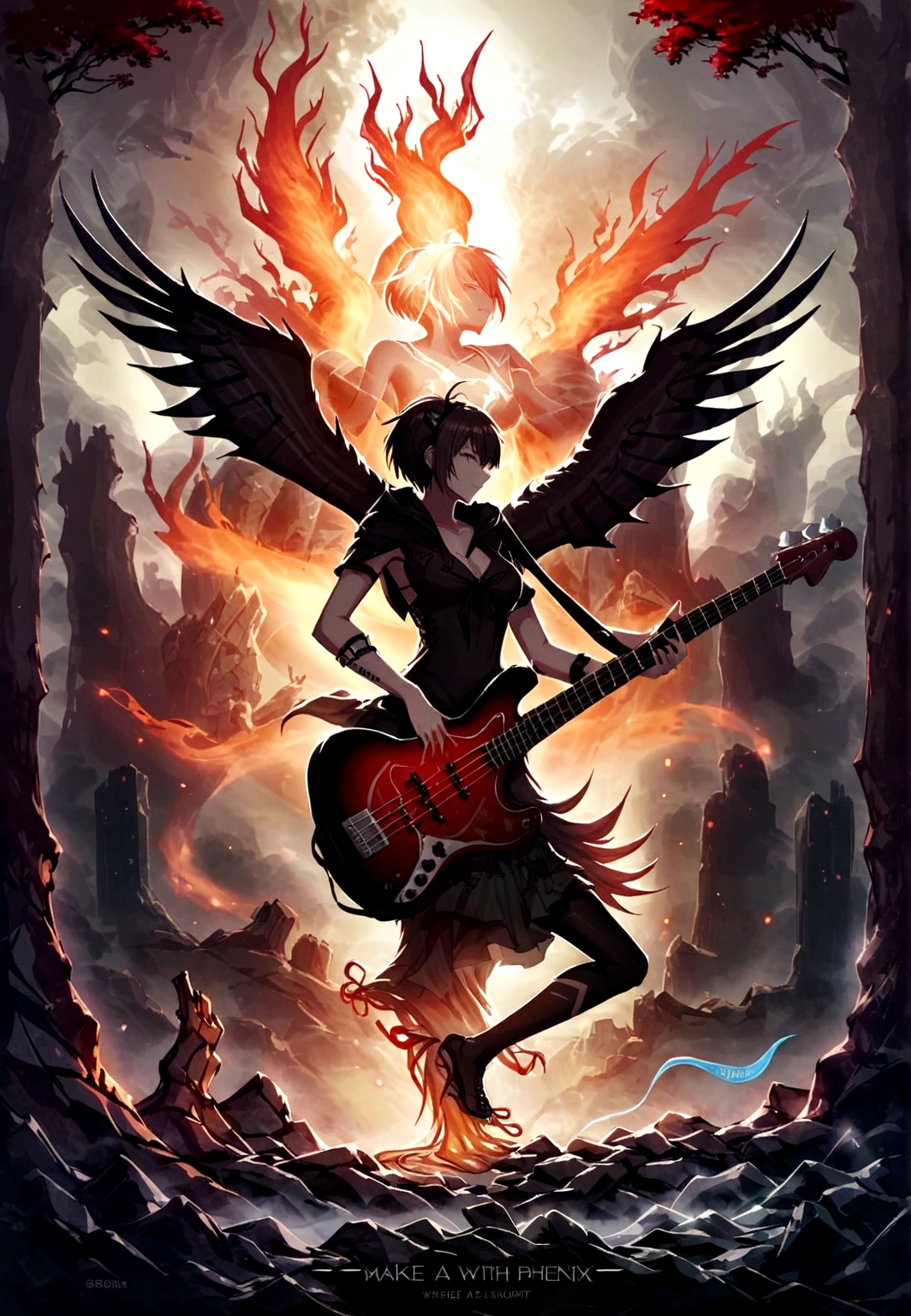 Make a cover of a song, make this a guy with a guitar, make a girl with a bass, in the background make a landscape where it is a concert, where you can see that the Phoenix gives them energy