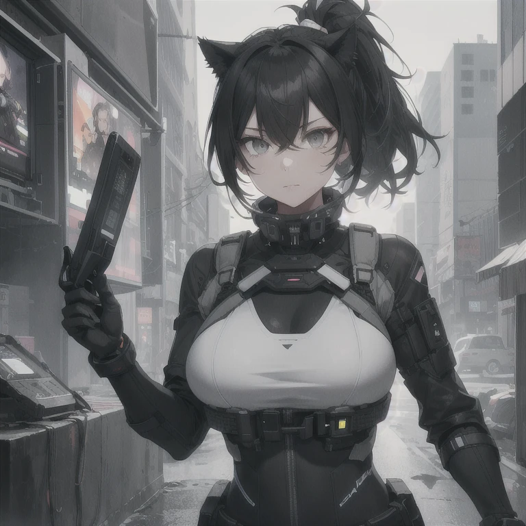 Absurd resolution, high resolution, (masterpiece: 1.4), hyper-detail, full body shot, solo, 1 kemono feline cat woman, black hair, messy ponytail, cute face, detailed soft grey eyes, extremely large bust, huge hyper super swollen breasts, wide full hips, narrower torso, smaller torso, full thicc soft thighs, rounded full soft butt, monochrome black and grey fullbody covering protective padding pilot rugged utility suit with white chest, scifi padded rugged high collar techwear jacket with white and black triangular decals and techwear iconography, techwear gloves, arm mounted strapped display scifi tablet/communication device/computer, rugged tablet display mounted on MOLLE strap on top of her bust, ruggedized computer tablet mounted above her breasts, ruggedized tech, ruggedized tech aesthetic, fitted utility pants, near future scifi, cyberpunk aesthetic, anime aesthetic
