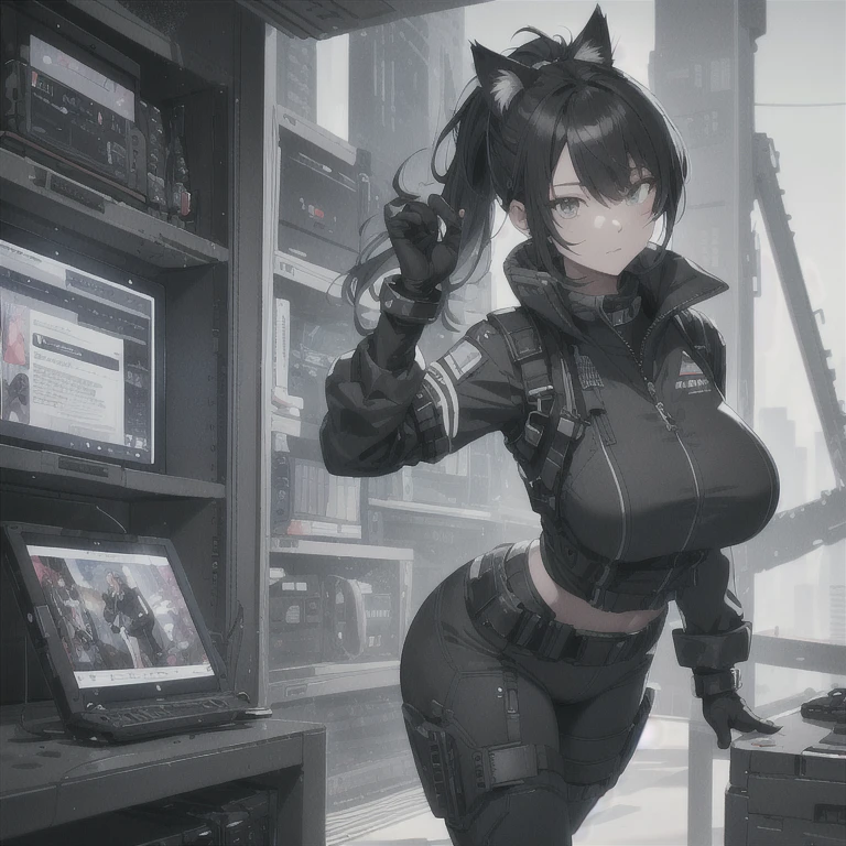Absurd resolution, high resolution, (masterpiece: 1.4), hyper-detail, full body shot, solo, 1 kemono feline cat woman, black hair, messy ponytail, cute face, detailed soft grey eyes, extremely large bust, huge hyper super swollen breasts, wide full hips, narrower torso, smaller torso, full thicc soft thighs, rounded full soft butt, monochrome black and grey fullbody covering protective padding pilot rugged utility suit with white chest, scifi padded rugged high collar techwear jacket with white and black triangular decals and techwear iconography, techwear gloves, arm mounted strapped display scifi tablet/communication device/computer, rugged tablet display mounted on MOLLE strap on top of her bust, ruggedized computer tablet mounted above her breasts, ruggedized tech, ruggedized tech aesthetic, fitted utility pants, near future scifi, cyberpunk aesthetic, anime aesthetic