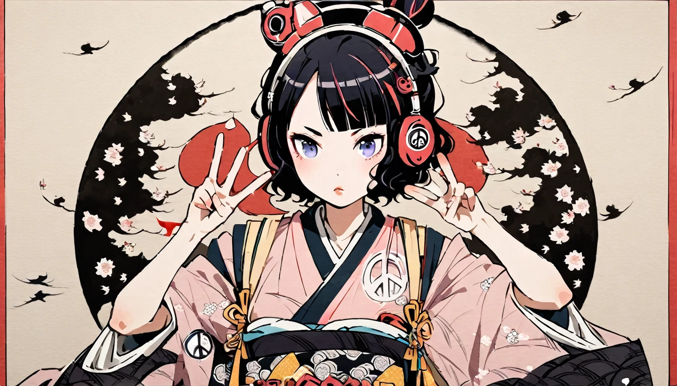 Highest quality, Katsushika Hokusai, Ink Painting, (((peace sign))), (((hair bun))), (((Pale pink kimono))), Japanese style headphones, cherry blossoms, beautiful girl, Black Hair, Delicate and precise, Modern ukiyo-e style