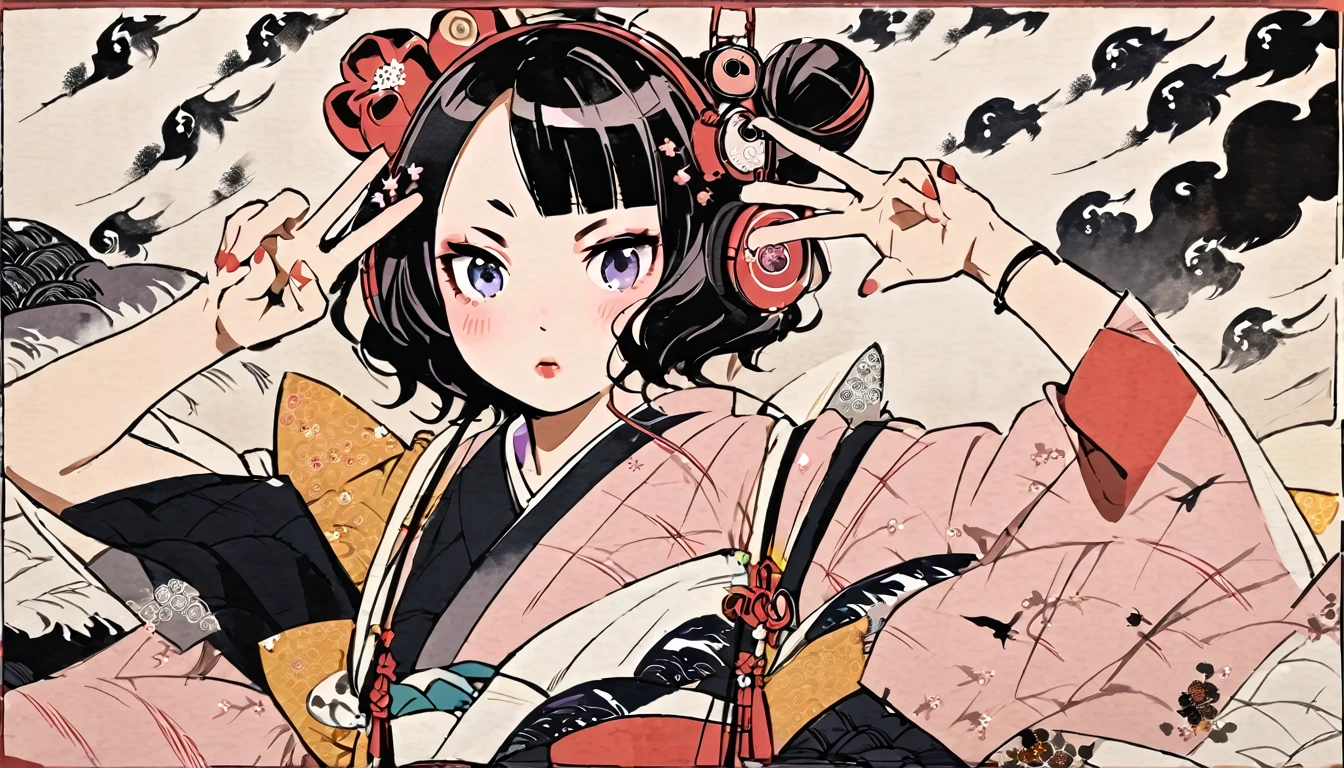 Highest quality, Katsushika Hokusai, Ink Painting, (((peace sign))), (((hair bun))), (((Pale pink kimono))), Japanese style headphones, cherry blossoms, beautiful girl, Black Hair, Delicate and precise, Modern ukiyo-e style