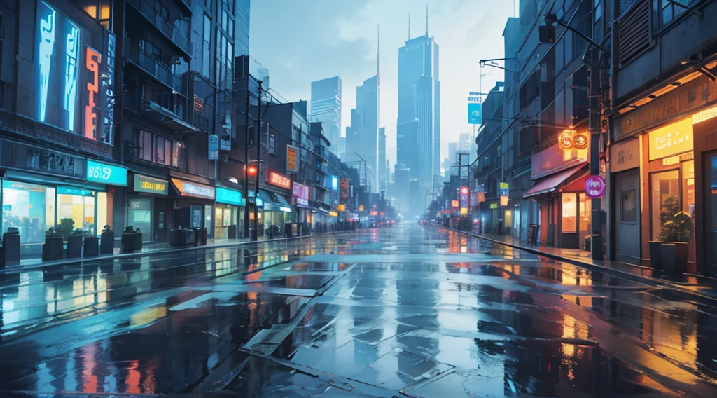 cityscape background. Lots of LED lights, Illuminating the night, Reflection of buildings in puddles on the ground. Movie, 8K, Rich in details