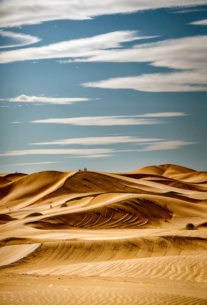 Beautiful flat desert landscape of a 3d video game vista main character riding a large tall bird similar to the great blue heron, riding a giant tall blue heron bird, the main character wears a long yellow tan trench coat with hood and tinted goggles, endless miles of blowing sand dunes, riders in the far distance, blue skies with billowing white clouds pink tinged, blowing boiling swirling wind, blowing leaves of grass, dark yellow and azure, majestic, sweeping seascapes, photorealistic representation, graceful balance, wimmelbilder, Andrew Wyeth, orange, Leaves of Grass, Andrew Wyethy