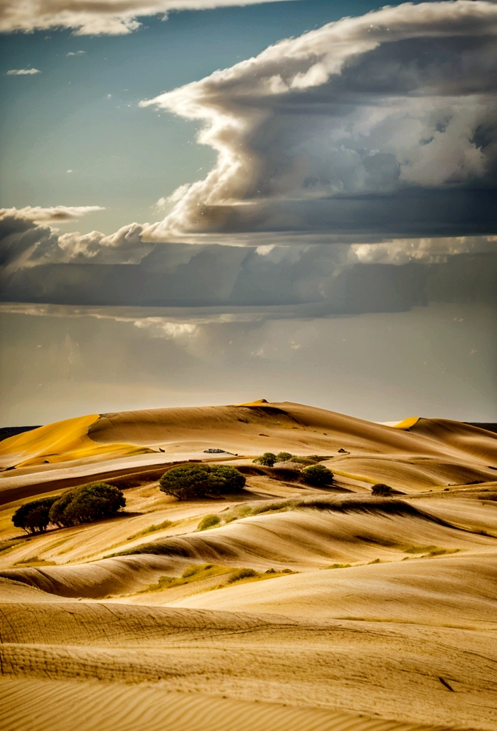 Beautiful flat desert landscape of a 3d video game vista main character riding a large tall bird similar to the great blue heron, riding a giant tall blue heron bird, the main character wears a long yellow tan trench coat with hood and tinted goggles, endless miles of blowing sand dunes, riders in the far distance, blue skies with billowing white clouds pink tinged, blowing boiling swirling wind, blowing leaves of grass, dark yellow and azure, majestic, sweeping seascapes, photorealistic representation, graceful balance, wimmelbilder, Andrew Wyeth, orange, Leaves of Grass, Andrew Wyethy