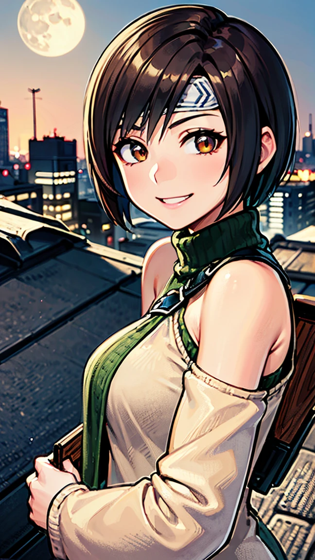 8K quality,(super masterpiece:1.3),Highest quality,Detailed Images,The real picture,Natural lighting,symmetrical beauty,1 female,Yuffie Kisaragi,20-year-old,(微smile,smile,smile),Hairstyle(short hair),head band,turtleneck,No sleeve,(very cute:1.3),background(On the roof,rooftop,night,full moon),(Face directly towards the camera,Looking directly at the viewer,looking at the camera,The body faces the viewer,The body is facing the direction of the camera,Face looking straight into the camera).