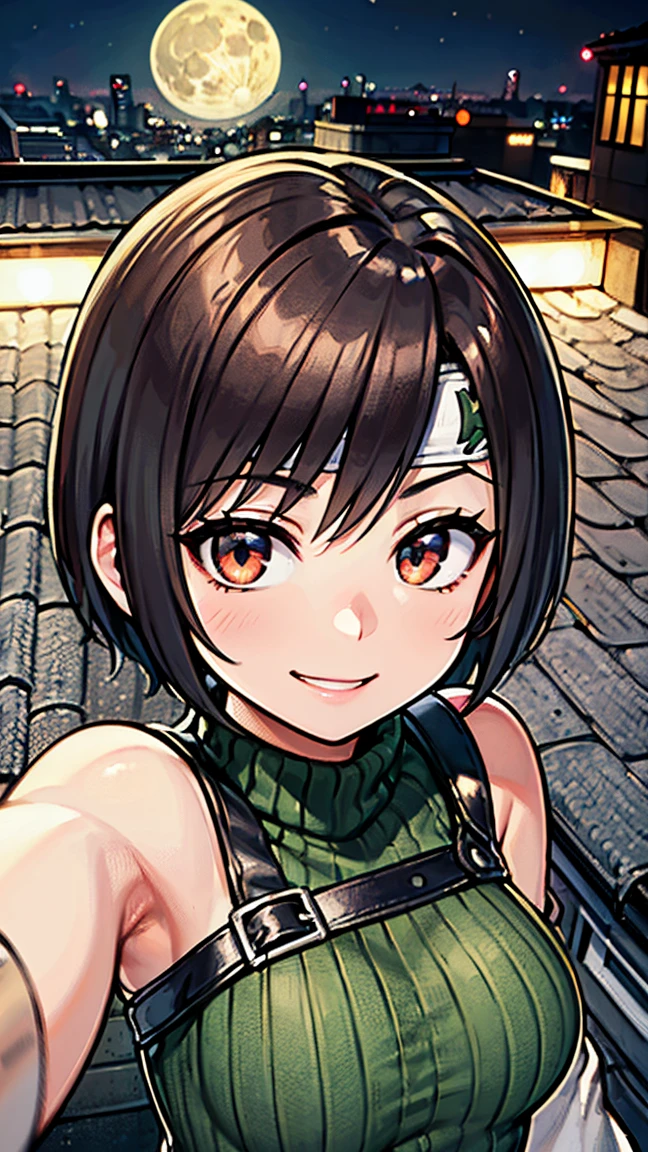 8K quality,(super masterpiece:1.3),Highest quality,Detailed Images,The real picture,Natural lighting,symmetrical beauty,1 female,Yuffie Kisaragi,20-year-old,(微smile,smile,smile),Hairstyle(short hair),head band,turtleneck,No sleeve,(very cute:1.3),background(On the roof,rooftop,night,full moon),(Face directly towards the camera,Looking directly at the viewer,looking at the camera,The body faces the viewer,The body is facing the direction of the camera,Face looking straight into the camera).