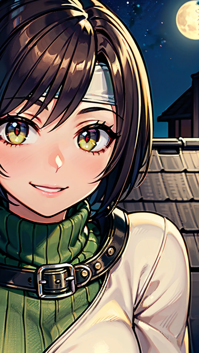 8K quality,(super masterpiece:1.3),Highest quality,Detailed Images,The real picture,Natural lighting,symmetrical beauty,1 female,Yuffie Kisaragi,20-year-old,(微smile,smile,smile),Hairstyle(short hair),head band,turtleneck,No sleeve,(very cute:1.3),background(On the roof,rooftop,night,full moon),(Face directly towards the camera,Looking directly at the viewer,looking at the camera,The body faces the viewer,The body is facing the direction of the camera,Face looking straight into the camera).