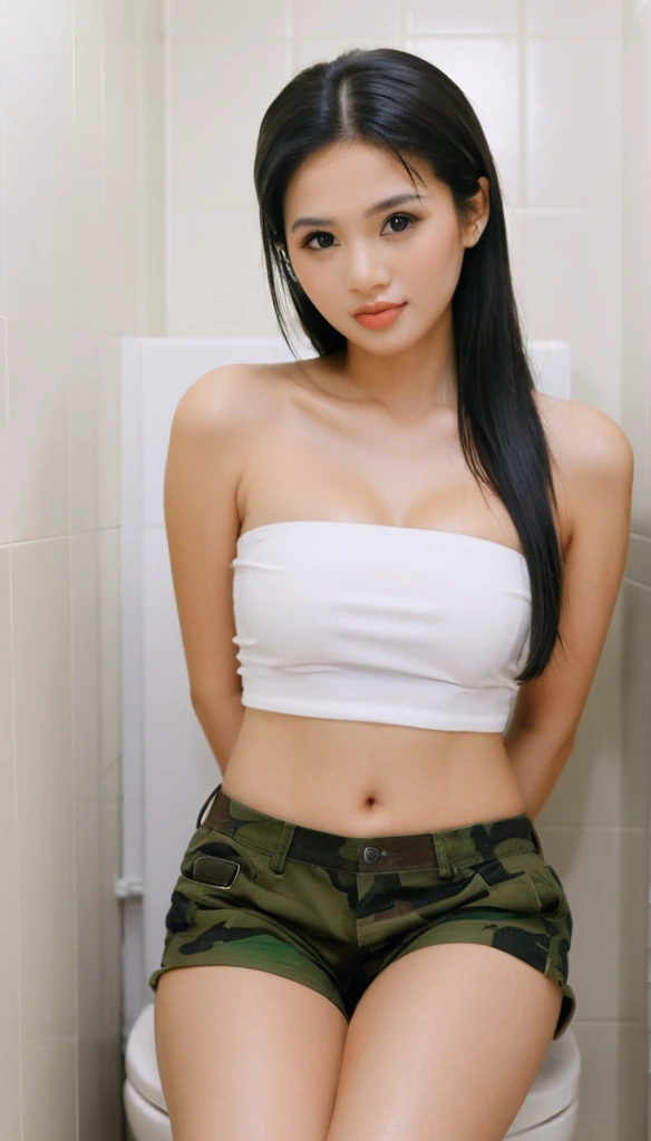 close-up of beautiful Indonesian, Amanda Manopo is a Indonesian actress and model, age 24 years old girl, youthful face, perfect body, white body skin, shoulder cut, black hair, straight hair, flat bangs cut, 38 inches breasts size, wearing a plain white strapless tube top, wearing a tight camouflage short pants, Manopo holding breasts with her own two hands is very sexy and sigh, Manopo squeezes the breasts very seductively, Manopo lowered her strapless tube top a little bit, Manopo sits on the bathroom toilet, Manopo pees in the bathroom toilet with a sigh and seductive, Manopo pees, Manopo peed herself until she was wet, ((peeing self)), ((wet pee)), I held my hair delicately, then I held the scissors in my right hand, then cut my hair using the scissor tool while sighing and sexy, strand after strand of Manopo’s hair fell, pieces of Manopo’s hair now filled the floor around where she was sitting, strand after strand of Manopo’s hair fell down, pieces of Manopo’s hair now filled the floor around where she was sitting, ((Manopo cuts her own hair using a clipper)), ((Manopo looks sighing and teasing while cutting her own hair using a clipper)), ((the remaining hair pieces were scattered on the female-only military dormitory bathroom floor)), ((strands of Manopo's hair fell down)), ((the remaining hair pieces fell under the floor), sexy looking pose, pose a naughty look, pose looks seductive, at the female-only military dormitory bathroom, female-only military dormitory bathroom background, UHD