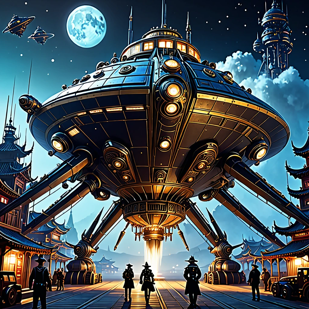 Cai GuoRUN's illustration style, a Magnificent Giant spacecraft with 5 fingers a steampunk Covered with thick spikeoon Night, The scene is full body like, highly detailed surreal vfx, Vivid tones, Chinese traditional elements, Reality, Minimal composition, High Saturation, High contrast,Rich detail in light and shadow, Sharp contrasts and clean lines