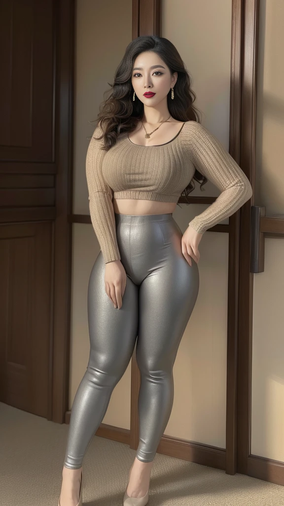 Chinese mature woman, standing, park background, light brown clothes (no cleavage), makeup, (lipstick: 1.1), (eyeliner: 1.2), mascara, eye shadow, earrings, necklace, gray leggings, high-necked knitted top, full body shot, 35 years old, big eyes, elegant temperament, (masterpiece: 1.2, best quality), actual, depth of field, carefully, this is a perfect face, perfect figure, 8K, best quality, masterpiece, ultra-high resolution, (realistic: 1.4), original photo, stay focused, rich details, exquisite beauty, long curly hair, dynamic angle, (red lips), exquisite graphics, high heels