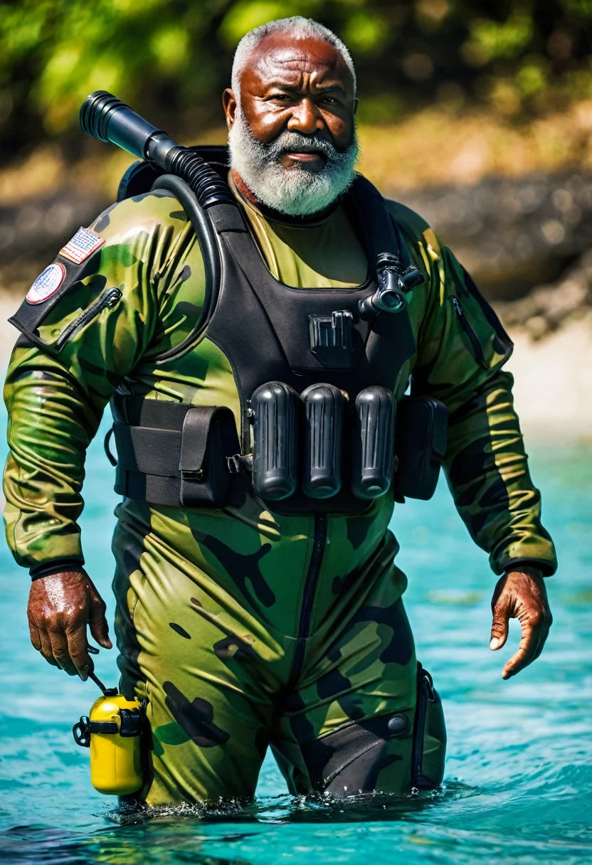 (a dark-skinned bearded fat muscular old man in a bulky army camouflage zipper diver suit) masturbating, thumbs up, carrying a gun, muscular, Bruce Onobrakpeya, sumatraism, stanley artgermm, action, heroic, fierce, smiling