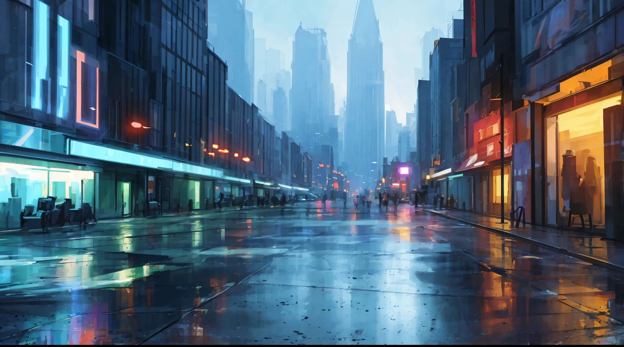cityscape background. Lots of LED lights, Illuminating the night, Reflection of buildings in puddles on the ground. Movie, 8K, Rich in details