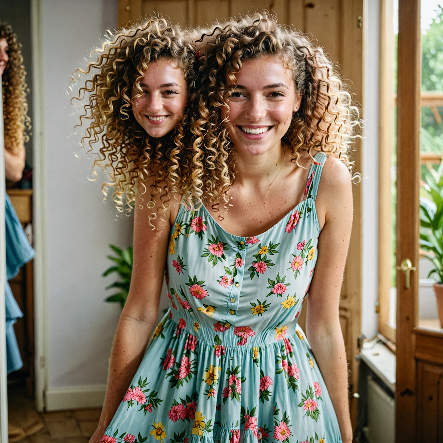 young caucasian woman with curly hair, smiling looking at the camera, feeling shy and embarrased, sundress, indoor lighting, messy surrounding, 80s home, 