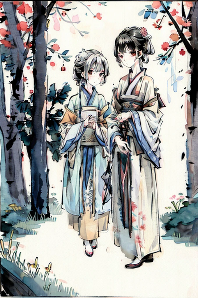 picture of two people, standing and exchanging parchment and book , Watercolor style, color illustration , Chinese watercolor,
