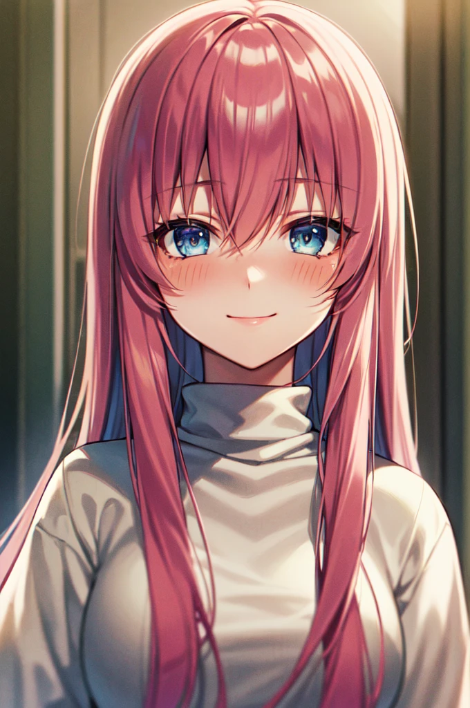 Masterpiece, best quality, highres, upper body, close up, detailed eyes, pink hair, blue eyes, (((white backround))), long hair, blush, turtleneck sweater, beautiful eyes, large breaast, smile, gentle