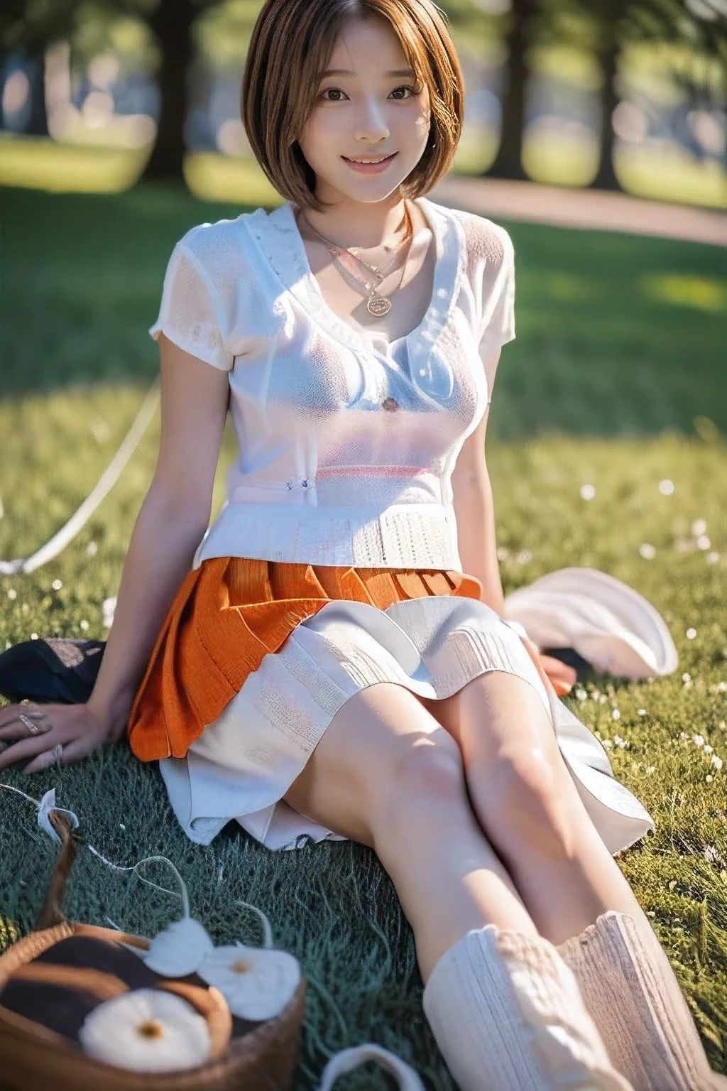 (Sitting on the lawn in the park:1.5)、(A kind smile:1.5)、(18-year-old female:1.5)、(The best quality at its best:1.4), (Super detailed), (Very detailed CG unified 16k), Beautiful woman with perfect figure: 1.4, Sharp focus: 1.2, Very detailed, High-quality RAW color photos, Professional photography, Great face and eyes, cosmetics, (Amazingly beautiful girl), ((White summer knit with flared skirt:1.5)), Realistic movie faces, Full body long view from head to toe, Realistic, ((Realistic natural orange red hairstyle)), ( Short Bob Hair:1.5), (necklace:1.5)、, Very beautiful face, Perfect model beauty, Mouth swelling, Highly detailed face and skin texture, Fine grain, double eyelid, Medium chest, (masterpiece), Highest quality, High resolution, Very detailed, Blurred Background, Depth of written boundary, Cinema Lighting, Great legs, , Clear, well-maintained skin,((Full body shot from head to toe:1.5))