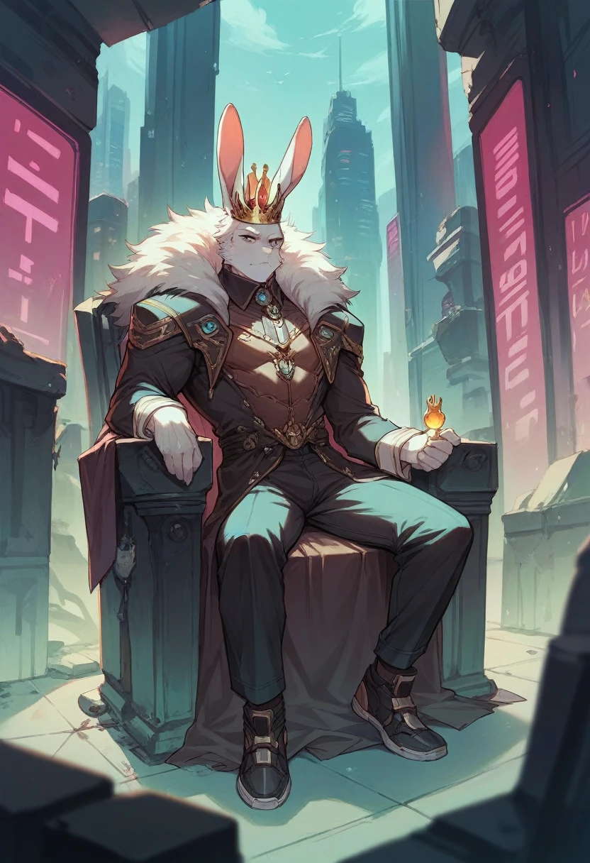 Rabbit man with crown sitting on his throne in a futuristic city and the words KING, rabbit