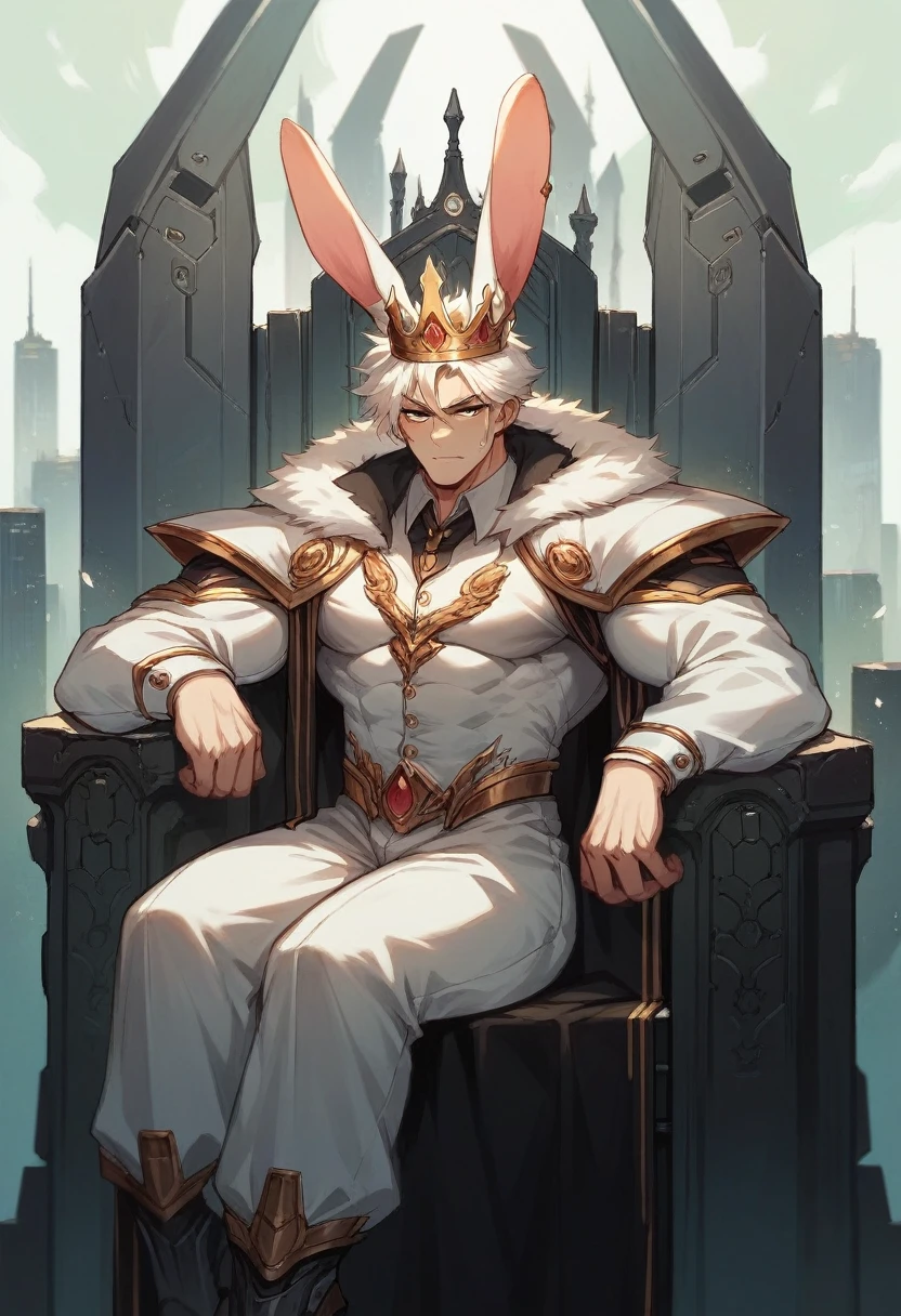 Rabbit man with crown sitting on his throne in a futuristic city and the words KING, rabbit